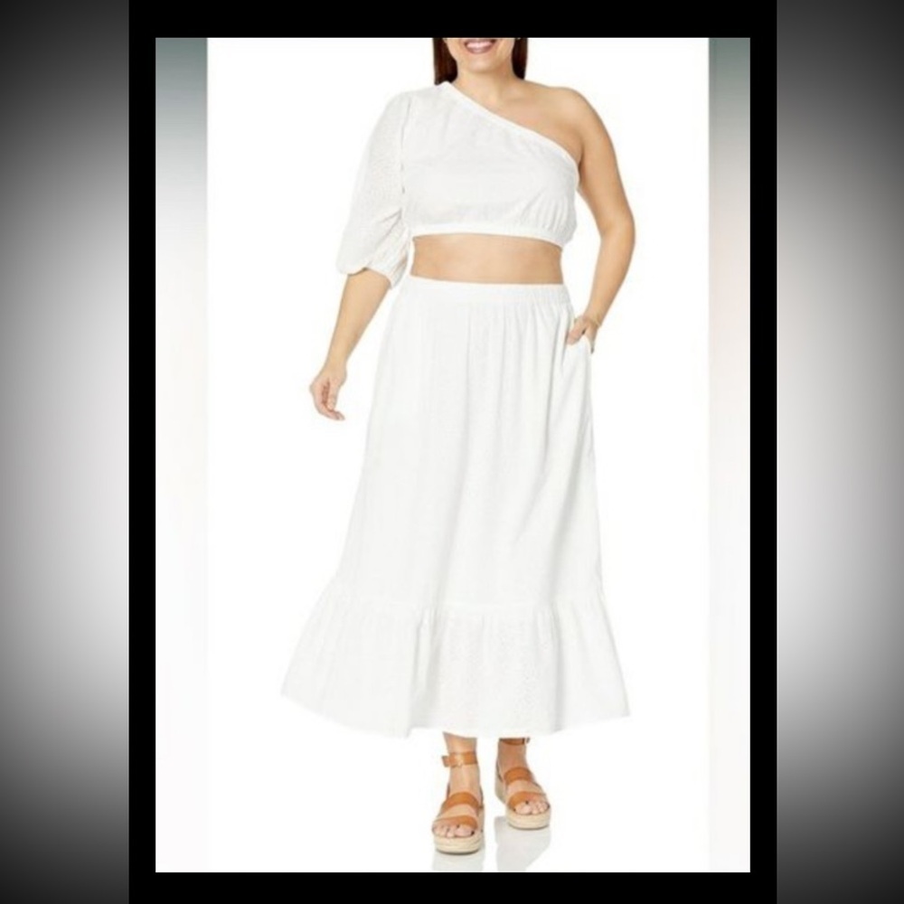 The Drop White One-Shoulder Top and eyelet Skirt Set